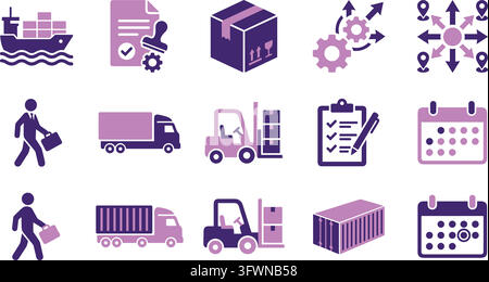 Logistics and shipping service purple vector icon set for distribution. Stock Vector