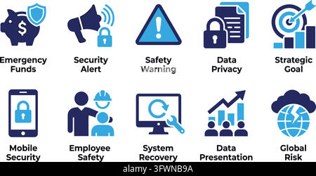 Business and security blue icon set including emergency funds, data privacy and strategic goal. Stock Vector