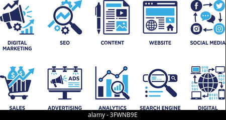Digital marketing blue icon set including SEO, content, website and social media strategy. Stock Vector