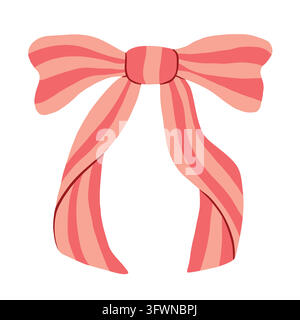 Pink striped bow tied ribbon vector illustration. Cute gift wrapping decoration, festive knot accessory, and birthday holiday ornament concept. Stock Vector