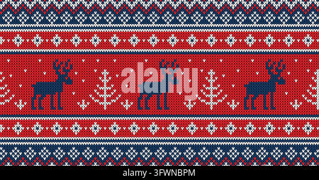 Christmas knitted seamless pattern featuring blue reindeers, white pine trees, and Nordic geometric ornaments on red and blue background. Festive Fair Stock Vector