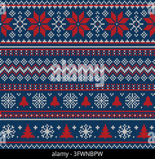Knitted Christmas seamless pattern featuring blue reindeers, white pine trees, and Nordic geometric ornaments on red and blue background. Festive Fair Stock Vector