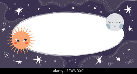 Decorative banner template in doodle style with sun and moon. Vector illustration Stock Vector
