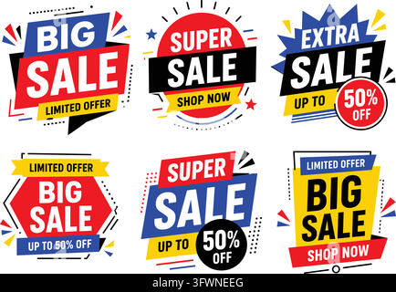 Colorful big sale and super offer promotional badge set for commercial marketing campaigns. Stock Vector
