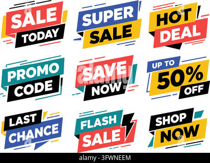 Collection of bold call to action stickers for retail sales and flash promotional events design. Stock Vector