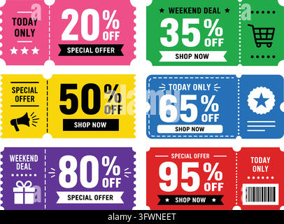 Colorful shopping coupon and voucher set with varying discount percentages and promo icons. Stock Vector