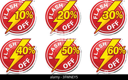Red circular flash sale discount stickers set ranging from ten to sixty percentage price cuts. Stock Vector