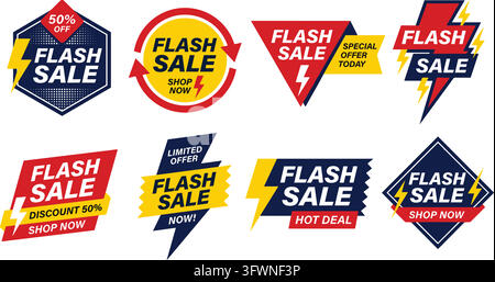 Collection of colorful flash sale badges and banners in various geometric shapes with lightning. Stock Vector