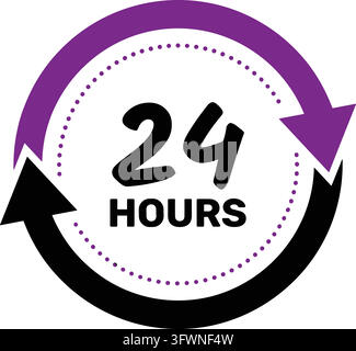 Purple and black circular arrow icon with 24 hours text representing round clock service. Stock Vector