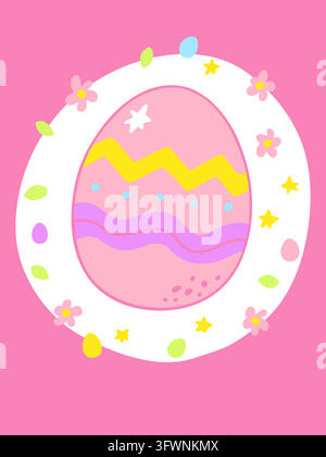 Doodle cute Easter egg greeting card. Hand drawn floral frame poster isolated on pink background. Spring holiday party invitation. Dopamine style symb Stock Vector