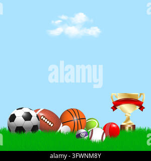 Sports Balls and Golden Trophy on Grassy Field Illustration Multi-Sport Award Design Stock Vector