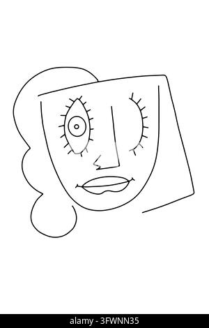 Abstract cubism woman face line art portrait. Geometric hand drawn female head profile. Artistic surrealism poster wall decor clipart. Modern graphic Stock Vector