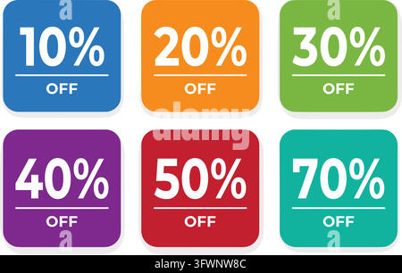 Colorful square discount buttons featuring bold white text for retail marketing and promotions. Stock Vector