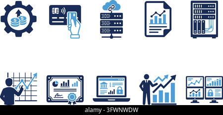 Financial technology and data center icons for banking software and cyber security applications. Stock Vector