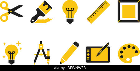 Graphic design icons in yellow and black for creative tools and art supplies. Stock Vector