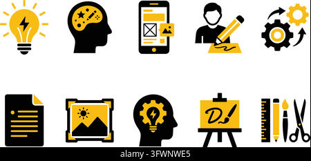 Set of ten black and yellow digital creative and design icons on a clean white background. Stock Vector