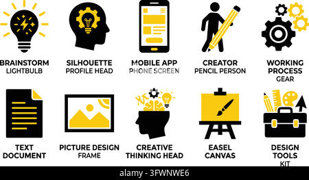 Set of ten black and yellow creative design process icons on a clean white background. Stock Vector