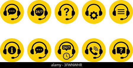 Call center service icon set featuring yellow round headset symbols for customer support helpline. Stock Vector