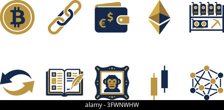 Cryptocurrency icons in gold and blue for digital currency and blockchain technology. Stock Vector