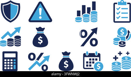 Set of twelve blue and dark blue financial and business icons on a clean white background. Stock Vector