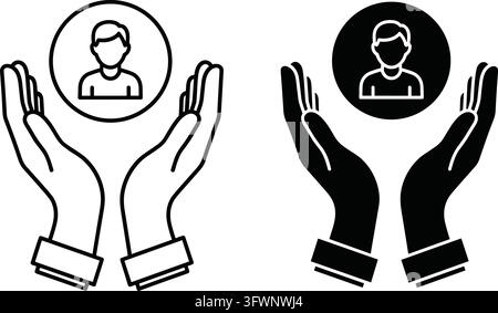 User care icon pair illustrating protective hands holding human profile symbol in line and solid style. Stock Vector