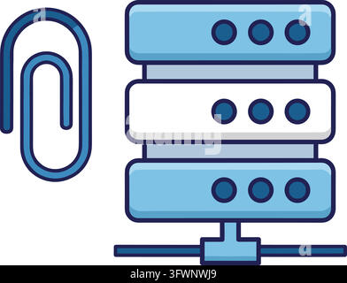 Cloud server data storage attachment blue paperclip icon for network file hosting and database. Stock Vector