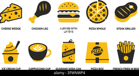 set of food and drink icons in black and yellow, featuring fast food and beverages. Stock Vector