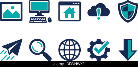 Set of flat style web development icons featuring blue and teal colors for digital interface use. Stock Vector