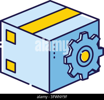 Isometric cube box with gear symbol for logistics and manufacturing industry technology. Stock Vector