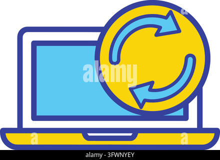 Laptop showing circular refresh arrows icon on yellow circle for software updates sync system. Stock Vector