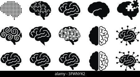 Brain and human mind anatomy collection with puzzle patterns network connections and silhouettes. Stock Vector