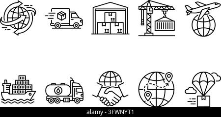 Global logistics and international shipping outline icons set collection. Stock Vector