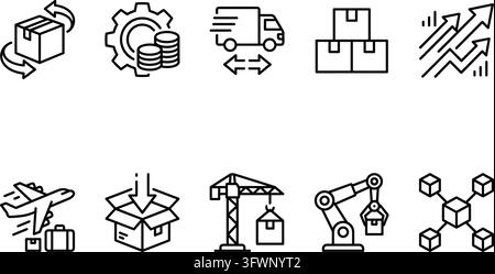 Supply chain and logistics outline icons set collection. Stock Vector