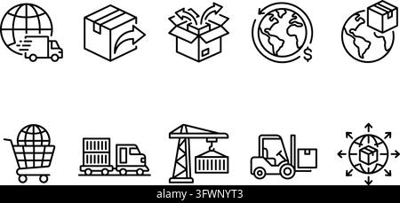 E-commerce and global supply chain outline icons set collection. Stock Vector