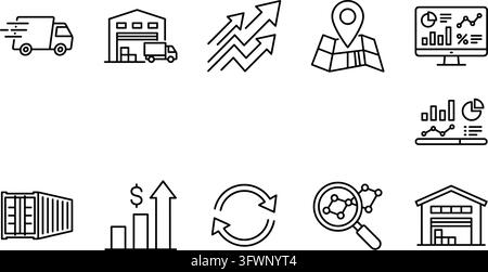 Supply chain management and business logistics outline icons set collection. Stock Vector