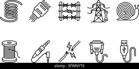Electrical components and wire connection line icons set featuring cable plugs and power towers. Stock Vector