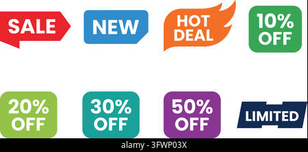 Set of colorful marketing badges with discount offers and sales labels for e-commerce websites. Stock Vector