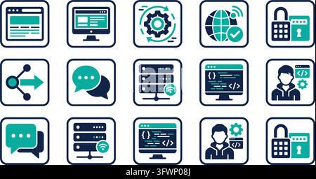 Technology and data icons, computers, servers, network, coding, security, communication for web. Stock Vector