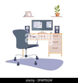 Workspace for work at home. Home or office desk with drawers, casters chair,Modern colorful flat style vector illustration isolated on white Stock Vector