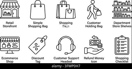 Modern retail shopping icons set featuring storefront ecommerce and customer support symbols. Stock Vector