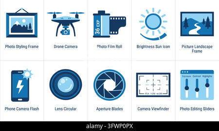 Photography themed icons featuring drone, camera lens, film, flash, and editing sliders. Stock Vector