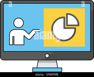 Modern computer monitor displaying business presentation with pie chart for corporate data report. Stock Vector