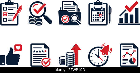 Audit and financial checklist icons in red and dark blue colors for business review reports. Stock Vector