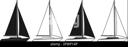 Four sailboats in silhouette and outline showing different design variations and dark colors. Stock Vector