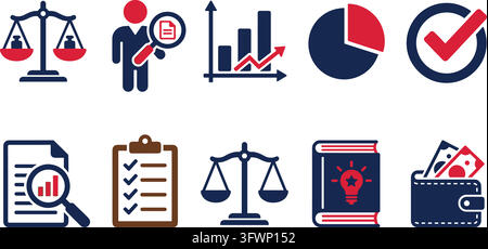 Management and research icons set in red and dark blue for professional corporate business use. Stock Vector