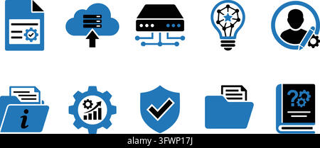 Set of blue and black business icons featuring documents cloud servers and information management. Stock Vector