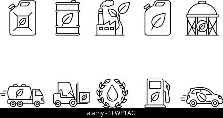 Eco fuel and green energy icons featuring leaf symbol on containers for sustainable logistics. Stock Vector