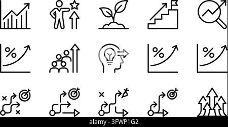 Strategic planning and objective achievement line icons showing path to success and target goals. Stock Vector