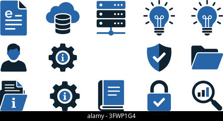 Collection of blue and black business and data management icons on a white background. Stock Vector