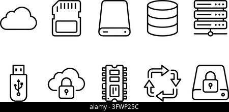 Technology data storage icons, cloud computing and hardware, digital information symbols set. Stock Vector